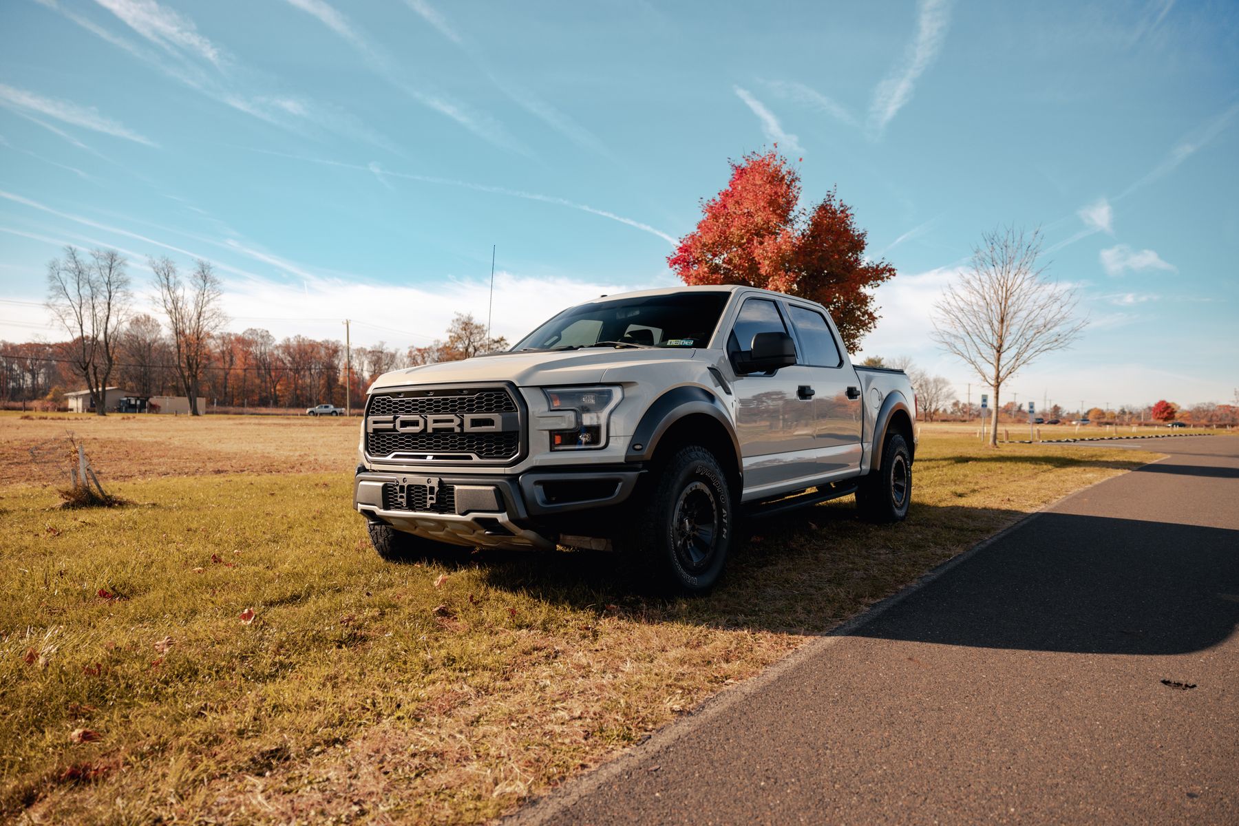 Pickup truck parked beside a country road